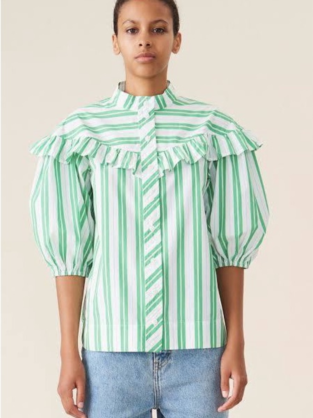 GANNI Striped Organic Cotton Frill Short in Green and White